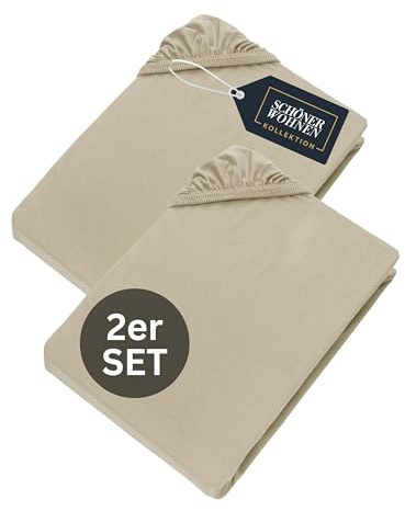 SCHÖNER WOHNEN Spannbettlaken 180x200cm 2er Pack Beige bis 200x200cm - Luxus Spannbetttücher aus Jersey-Baumwolle Öko-Tex Zertifiziert - für Matratzen bis 30 cm & Boxspringbett - Bettlaken