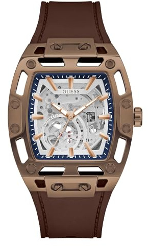 Guess Phoenix GW0980G3 - Reloj de Pulsera para Hombre, Acero Inoxidable, 42 mm, Correa de Silicona, Color marrón, 5 Bares, Esfera Plateada