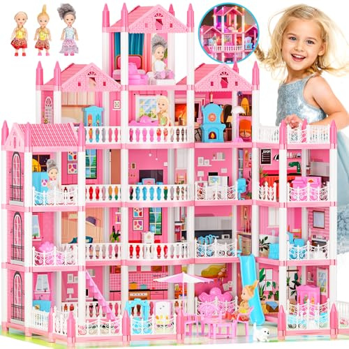 Maison de Poupées Big Dream pour Filles, 5 Étages, 19 Chambres, avec Poupées, Tapis, Éclairage LED, Meubles, Chiots et Accessoires – Cadeau de Maison de Poupées Idéal pour Les Filles de 3 à 10 Ans