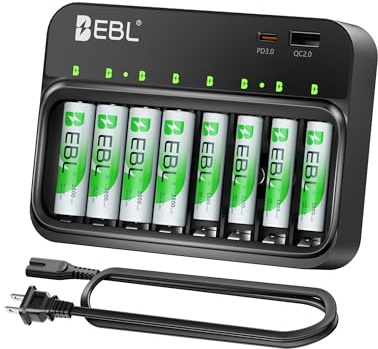 EBL Rechargeable Batteries and Charger, AA 2800mAh 4Packs & AAA 1100mAh 4Packs with PD 20W Smart Battery Charger with USB-C & USB-A Ports