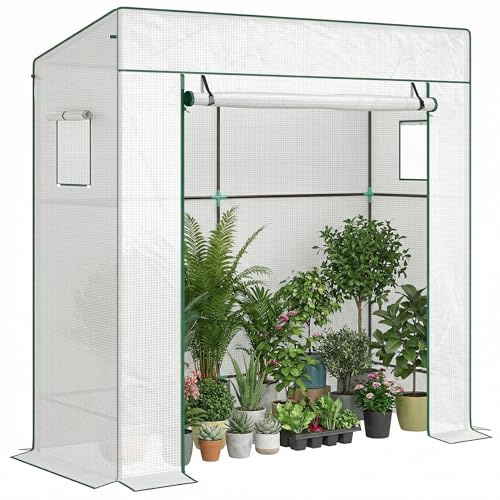 Outsunny Serra da Giardino con Tetto Inclinato, 2 Finestre e Porta Avvolgibili, Serra per Orto con Struttura in Acciaio, Copertura in PE Anti-UV, per Orto Verdure Fiori Piante, 196x77x197 cm, Bianco