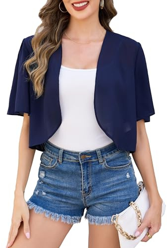 Sopesil Shrugs for Women Chiffon Bolero Cropped Cardigans Short Sleeve Lightweight Tops Short for Women Versatile Casual Elegant, Navy Blue, L