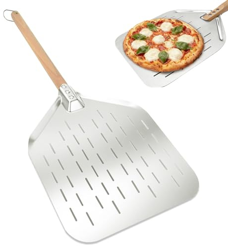 Cuchara para pizza, 40 x 30 cm, pala perforada para pizza, pala de pizza de 12 pulgadas perforada, pala profesional para pizza con gran superficie, mango de madera extraíble, para pan de pizza casero