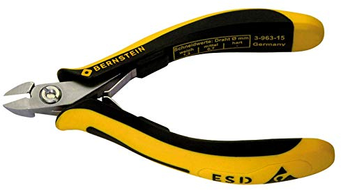 Bernstein Werkzeug Seitenschneider Technicline mit schmalem abgerundetem Zangenkopf, völlig ohne Wate, ableitfähige zweifarbige Handschutzhüllen, 120 mm, 3-963-15