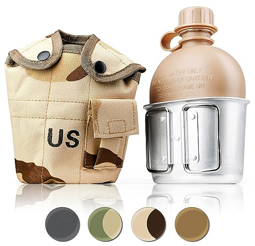 Ganzoo Feldflasche 1 Liter inkl. Trinkbecher (Kochbehälter) aus Aluminium, Bundeswehr-Flasche/Alu Travel Bottle Camouflage + Stofftasche in Desert-Camo