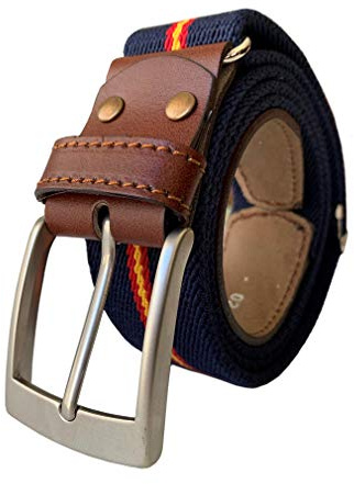 LEGADO Cinturon hombre y pulsera bandera España, cinturon elastico con cuero marron, Piel de Ubrique como nuestras carteras y accesorios. (Marino con Bandera España)