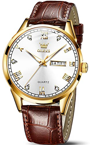 OLEVS Mens Watches Day and Date,Leather Wrist Watches for Men,Mens Brown Leather Watch,Men Gold Wrist Watch,Leather Band for Dress Big Face Man Date