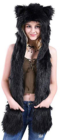 Bonnet d'hiver 3 en 1 en fausse fourrure avec capuche, écharpe, moufles et oreilles pour femmes et filles - Taille Unique - Ulalaza