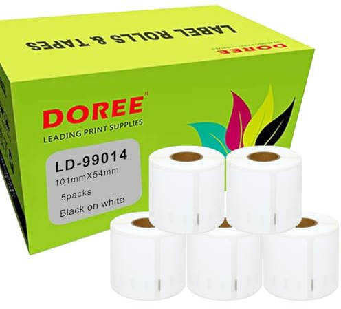 DOREE 5 Rouleaux 99014 Étiquettes d’expédition, Compatibles avec Dymo 99014, 54 x 101 mm étiquettes autocollantes, Pour Dymo LabelWriter 4XL, 450, 400, 330, 320, 310 (220 étiquettes/rouleau)