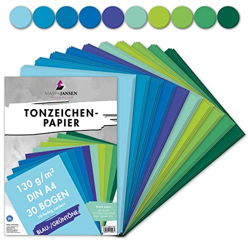 MarpaJansen Tonzeichenpapier 10 Blau/Grünton Farben, DIN A4, 30 Bogen, 130 g/qm, Blauer Engel zertifiziert