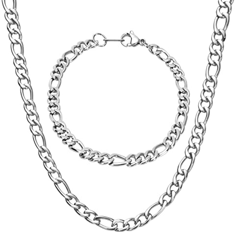 flintronic Collier pour homme, chaîne à maillons cubains figaro, collier en argent en acier inoxydable 316L, bijoux Hip Hop Link pour hommes et femmes, 5 mm de large * 46 cm + 1 cm de long, 5mm*46cm