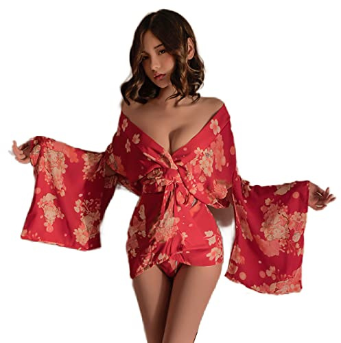 Temptshow Kimono sexy da donna, lingerie con stampa con cintura e cintura anime, Geisha, camicia da notte Yukata