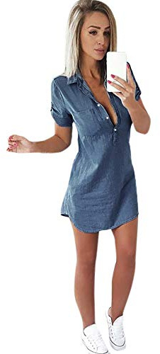 Abito a Camicia in Denim Donna Vestito Donna Estivo Casual Jeans Vestito Elegante Manica Corta Taglie Forti Abito Donna Estate Abito Boho, Da Donna Da Spiaggia Lunghezza Al Ginocchio Abito Estivo
