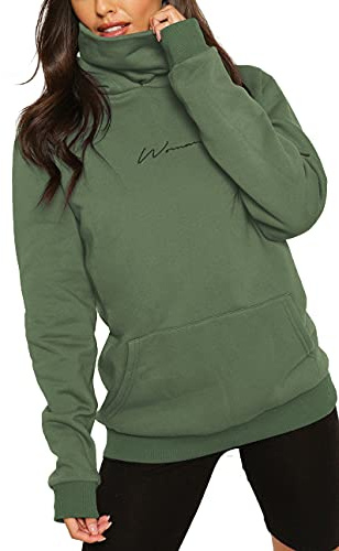 ELFIN Women's Long Sleeve Casual Hooded Sweatshirts Cowl Neck Jumper Top Outwear Pullover Hoody Black Green XXL