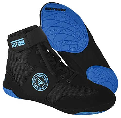 FISTRAGE Wrestling Shoes Fighting Sports Master Training Mesh and Rubber Sole Unisex Pro Men's and Youth Genuine Boot Light Weight | Combat Footwear for Adults (Blue-Black, 7)