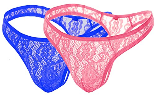 VemeFufu Sexy Pizzo Slip Uomo Intimo Perizoma C String G Boxer Tanga Uomini Hot Vita Bassa Elastici Thong Mankini Bikini Maschile Mutande Blu + Rosa Tagli Unica