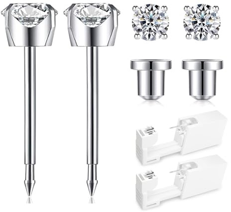 SugarTang Ear Piercing Kit | Disposable Ear Piercing Gun Kit Made in 316L Surgical Stainless Steel 4mm - 4prong Cubic Zirconia | At Home Self Piercing Kit with Earrings Studs