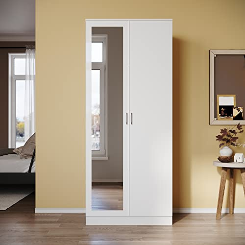 SUNXURY Armadio con specchio, versatile con ante girevoli, 1 cassetto per camera da letto, soggiorno, 180 x 76 x 47 cm, bianco
