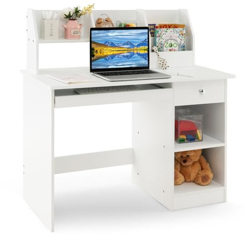 COSTWAY Kinderschreibtisch aus Holz, Kinder Schreibtisch mit Schublade, Tastaturablage & Bücherregal, Schülerschreibtisch Jugendschreibtisch für Kinder ab 3 Jahren, 90 x 45 x 90 cm, Weiß