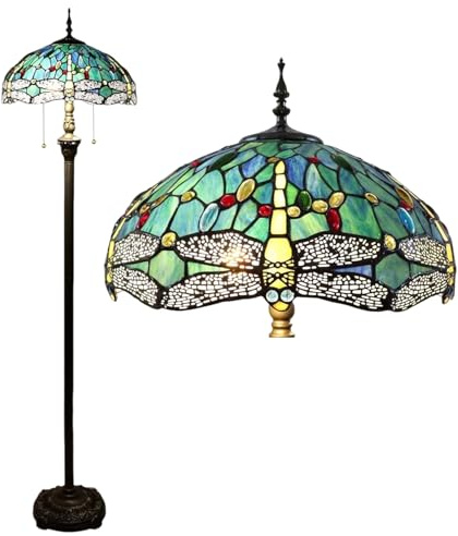 Kinbolas Golvlampa Tiffany Style 40 cm retro trollslända målat glas lampskärm lä vintage stående lampa boho konst dekoration sovrum vardagsrum golvlampa pedal strömbrytare