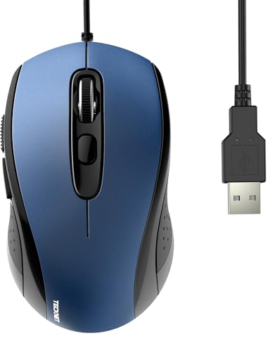 TECKNET Maus mit Kabel, 6400DPI Optical Business Mouse Ergonomische Kabelgebundene Maus mit 6 Tasten, 4 Verstellbare DPI Level, USB-Plug & Play, für Laptop/PC/Mac - Blau
