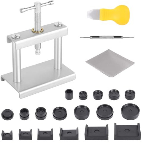 VMUTGA Uhr Presse Set für Uhren Reparatur, Uhrenwerkzeug mit 18 Matrizen, Uhrenpresse Gehäuseschließer, für Schließen von Uhrengehäusen und Austausch von Batterien