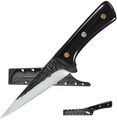 FULLHI Couteau à désosser à manche en bois avec étui, pour trancher et désosser la viande, pour la maison, le camping et le barbecue. (Noir, 13.9cm)