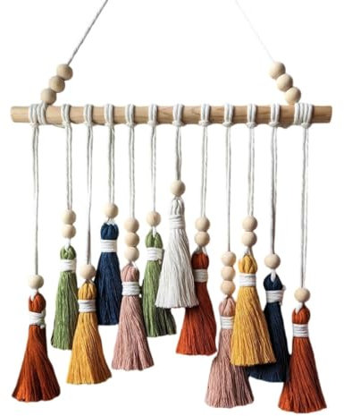 champracer Makramee Wandbehang, Boho Deko Makramee Wandteppich, Farbig Gewebte Wandbehang mit Holzperlen, Chic Tapisserie Fransengirlande für Schlafzimmer Wohnzimmer Kinderzimmer