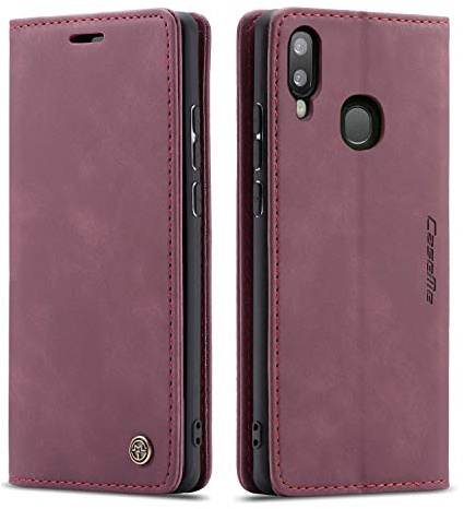 owlhold Hülle Samsung A20E klapphülle Premium Lederhülle Weiches Vintage-Nubukleder Faltbare Ständer Schutzhülle Kartenfach Standfunktion stoßfest Handyhülle Samsung Galaxy A20E -Weinrot