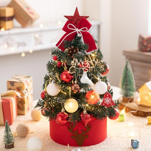 HO2NLE 45cm Mini LED Albero di Natale Piccolo Rosso Albero di Natale da Tavolo Preilluminato con Ornamenti Decorazione