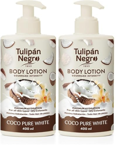 Tulipán Negro - Loción Corporal Coco Pure White con Dosificador, Hidratación Intensa para Todo Tipo de Pieles, Crema Corporal con Fragancia Tropical a Coco, 400 ml (Paquete de 2)
