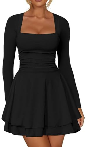 RPAEOY Vestido Mujer Manga Larga Sexy Volante Dobladillo con Cuello Cuadrado Bodycon Elegante Minivestido para Fiesta Noche Coctel (XL)