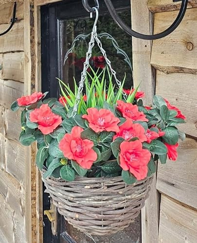 Best Artificial Cesta colgante de azalea de 10 pulgadas, apta para uso en exteriores (rojo)