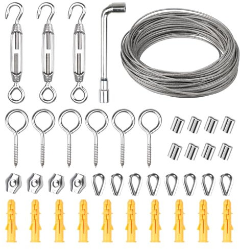 20m Garden Pergola Kit, Heavy Duty Picture Hanging Fencing, 40pcs Wire Rope Kit, Stainless Steel Cable Railing Metal Rope Clamps Sleeves Hooks Turnbuckle Wire Tensioner Trellis For Climbing Plants