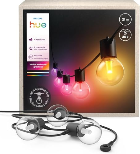 Philips Hue Festavia - Guirnalda de luces exterior, 14m, RGB, 20 bombillas LED, luces de colores regulables para iluminación jardín, control con app, funciona con Alexa, Google Assistant y Apple Home