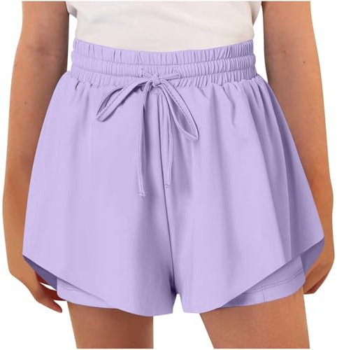 AMhomely Girls Sports Shorts 2 in 1 High Waisted Running Dance PE Shorts Breathable Flowy Athletic Skort for Ages 6-14 Years Purple