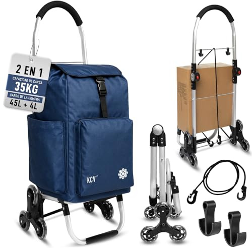 KCVONLINE Carro de la Compra Plegable 6 Ruedas Silenciosas para Escaleras, Bolsa 45 L Impermeable + 4 L Térmico, Aluminio Ligero,Carga 35 kg, Azul