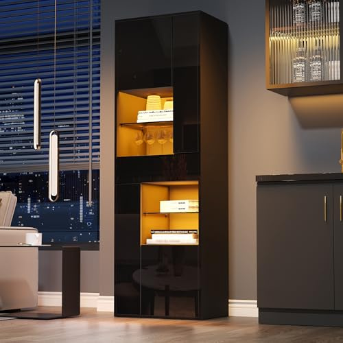 Easexcy 55 x 38 x 170 cm, armadietto alto con 1 cassetto e 4 armadi, vetrina in vetro con illuminazione, vetrina lucida (nero)