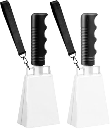 Cow Bells, 2 Pack Large Noise Makers with Handle and Wrist Strap, Perfect for Sports Events, Football Games, Parties, Concerts, and Farms (White)