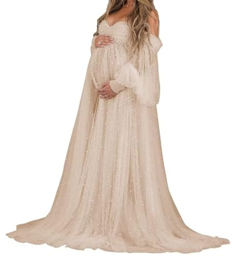 AHERKLL Manica lunga Perla Tulle Robe Maternità Vestito per Photoshoot Off Spalla Lingerie Baby Shower Abito Gravidanza AH062, Champagne, 38