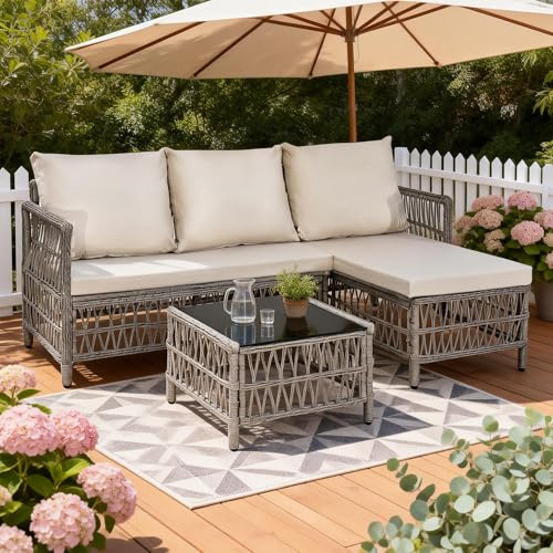 AOUXIN 4-Seater Rattan Garden Furniture Set, Outdoor Patio Conversation Set, Hollow Design Rattan Sofa with Glass Coffee Tabel
