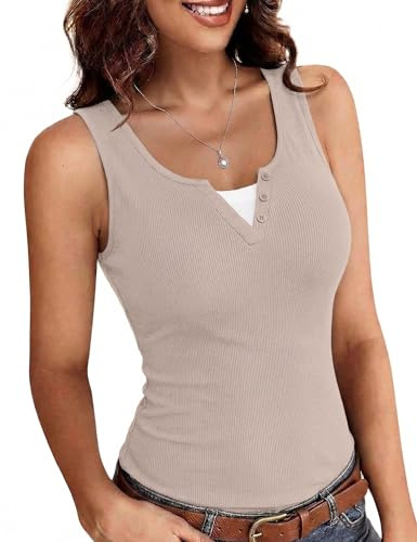 Totatuit Camiseta Mujer Verano Sin Mangas Cuello en V Ajustada Canalé Top | Cuello V, Estilo Diario, Uso Casual, Combinación Versátil