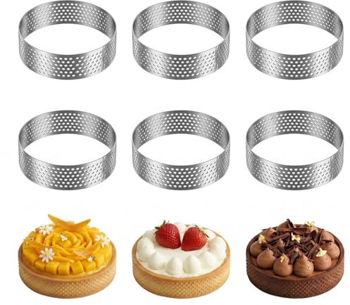 Lot de 6 Cercles à Pâtisserie en Acier Inoxydable 304 - Moules à Tartelette Perforés pour Mousse, Quiches, Desserts Français (Rond)