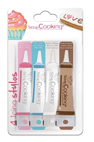 SCRAP COOKING 4 Stylos Déco Blanc/Rose/Bleu/Marron, Chocolat, 4 x 20 g, 1 Unité