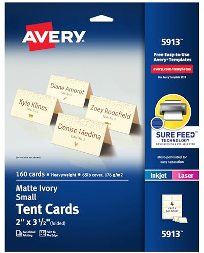 Avery Printable Tent Cards with Sure Feed Technology, 2 x 3.5, Ivory, 160 Blank Place Cards for Laser or Inkjet Printers (5913)