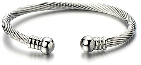 COOLSTEELANDBEYOND Elastische Verstellbare-Edelstahl Armband für Herren Damen Verdrehten Stahlkabel Armreif Farbe Silber Poliert