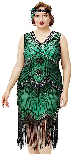 BABEYOND - Vestido de charlestón para Mujer, Estilo años 20, Vestido del Gran Gatsby con Flecos, Cuentas y Cuello de Pico, Talla Grande, Verde, XXXXL