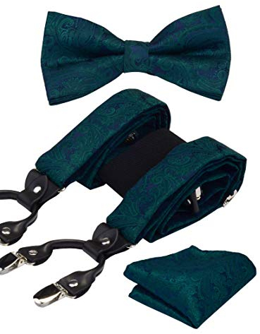 GUSLESON Mens Suspenders Elastic Paisley Wedding Suspender Green Pretied Bow Tie and Pocket Square Set(0101-03)
