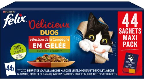 FELIX | Délicieux Duos | en Gelée | Chat Adulte | Sélection de la Campagne aux Légumes | Sachets Fraîcheurs | 44x85g