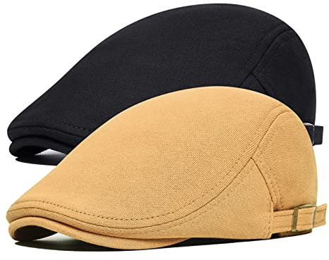 BOTVELA 2 Pack Men Newsboy Cap Cotton Golf Driving Flat Hat (Black/Khaki)